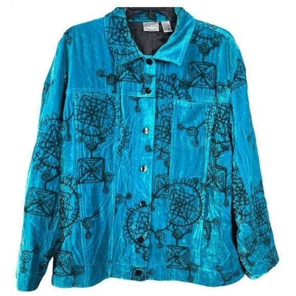 Chico's Womens Silk Blend Velvet Embroidered Jacket XL Blue Vintage Boho Art - Picture 1 of 7